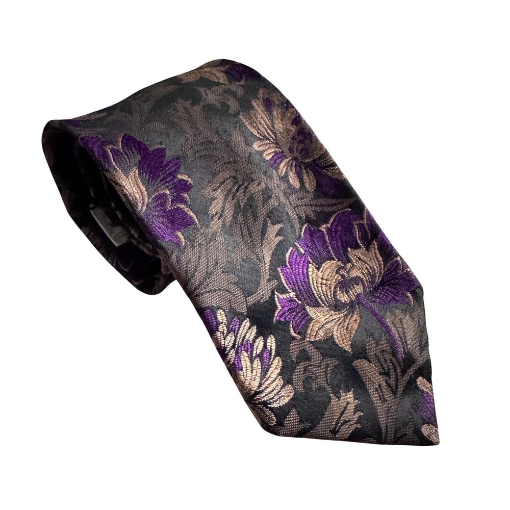Jack Fraser Mens Silk Blend Jacquard Floral Necktie Purple Gold‎ Black